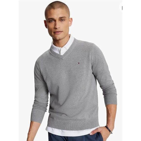 TOMMY HILFIGER Men's Iconic Cotton V-Neck Pullover Sweater 2024 Collection - Picture 1 of 5